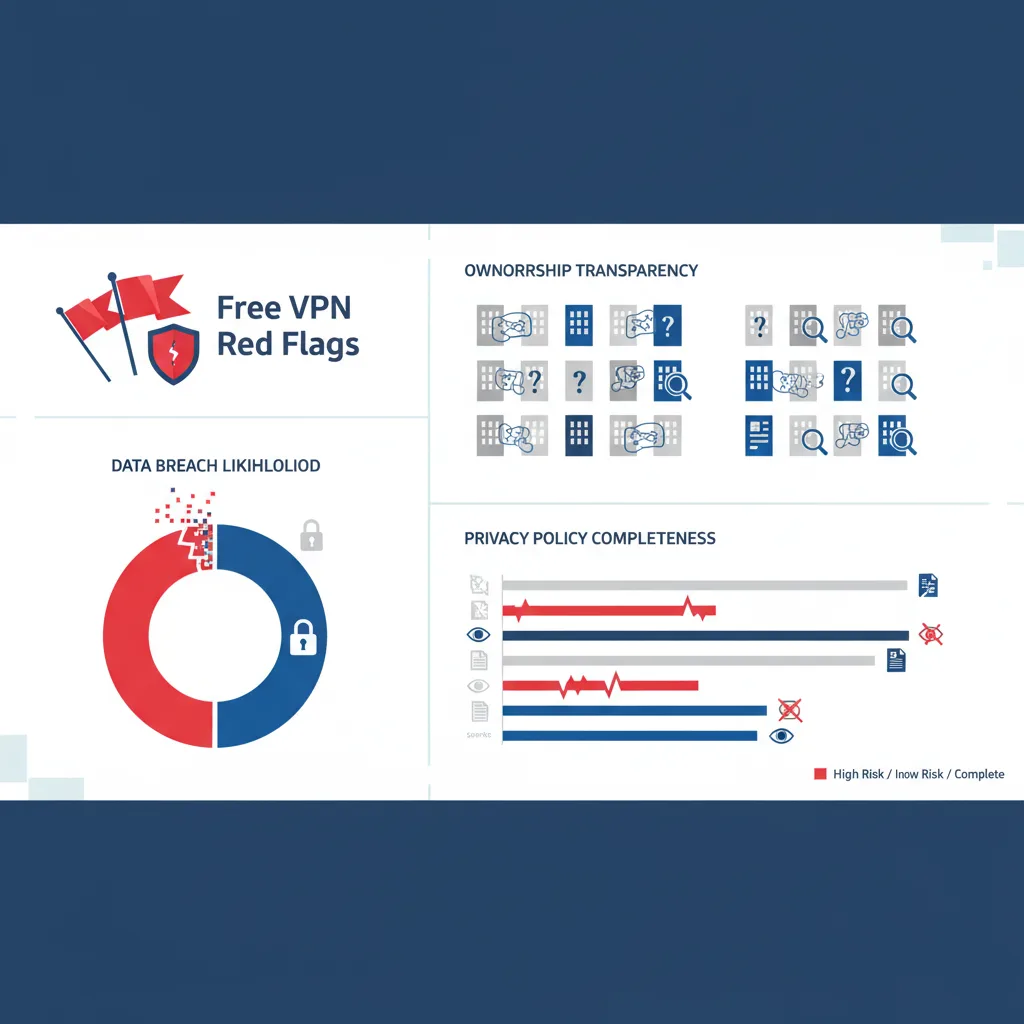 Infographic of free VPN red flags showing data breach statistics, ownership transparency, and privacy policy completeness across 20+ tested services.