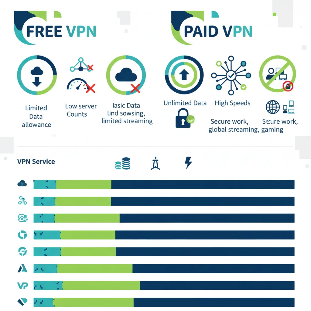 Infographic showing free vs. paid VPN comparison with data allowances, server counts, speed benchmarks, and use case suitability across 10 major VPN services.