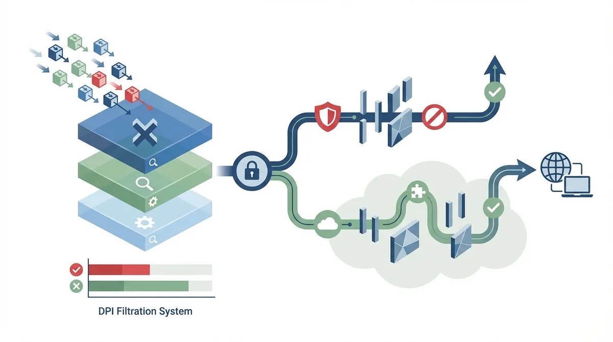Infographic of how Iran's DPI 审查 system detects and blocks VPN流量, showing packet inspection layers, protocol detection methods, and why 混淆 bypasses these barriers with specific data points on detection rates.