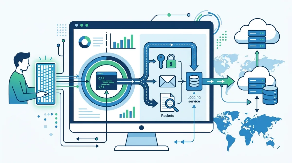 Infographic of keystroke logging architecture showing software interception at kernel level, data flow to logging services, and transmission to remote servers with specific data types captured including passwords, emails, and search queries.