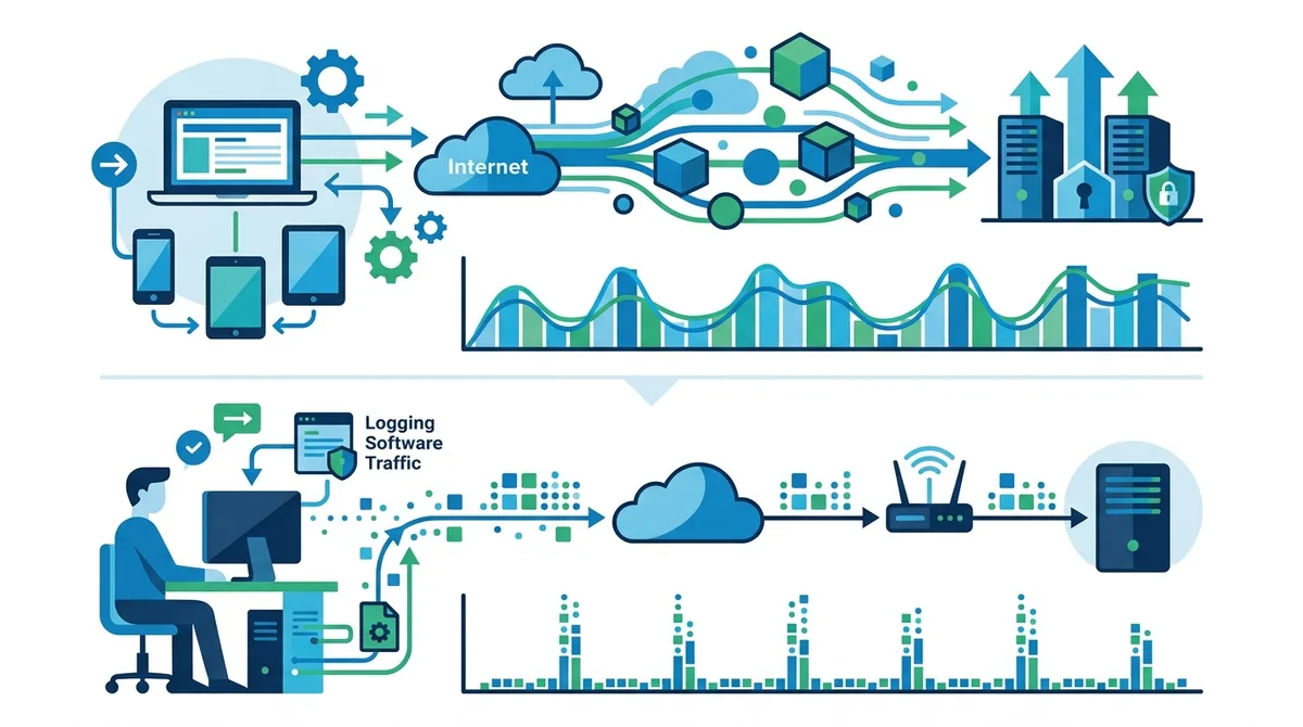 Infographic showing network traffic patterns of keystroke logging software compared to normal application traffic, with specific data transmission intervals, packet sizes, and destination server types.