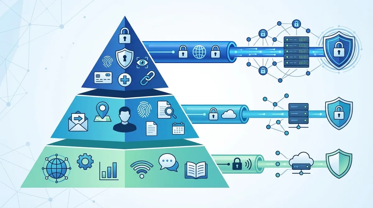 Infographic of data classification pyramid showing Tier 1 Critical data (financial, health, credentials), Tier 2 Sensitive data (names, emails, location), and Tier 3 Low-Risk data (public info, aggregates) with corresponding VPN protection requirements.