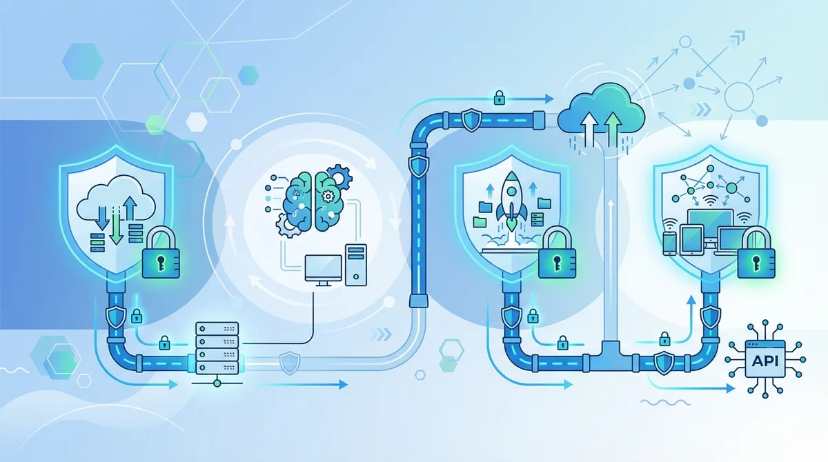 Infographic showing VPN integration points in AI workflow: data download (protected), local training (unaffected), model upload (protected), and API calls (protected), with encryption indicators at each step.