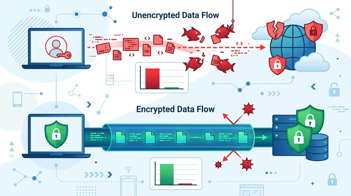 Infographic of VPN encryption protecting loyalty account login traffic, showing unencrypted vs. encrypted data flow with statistics on interception rates.