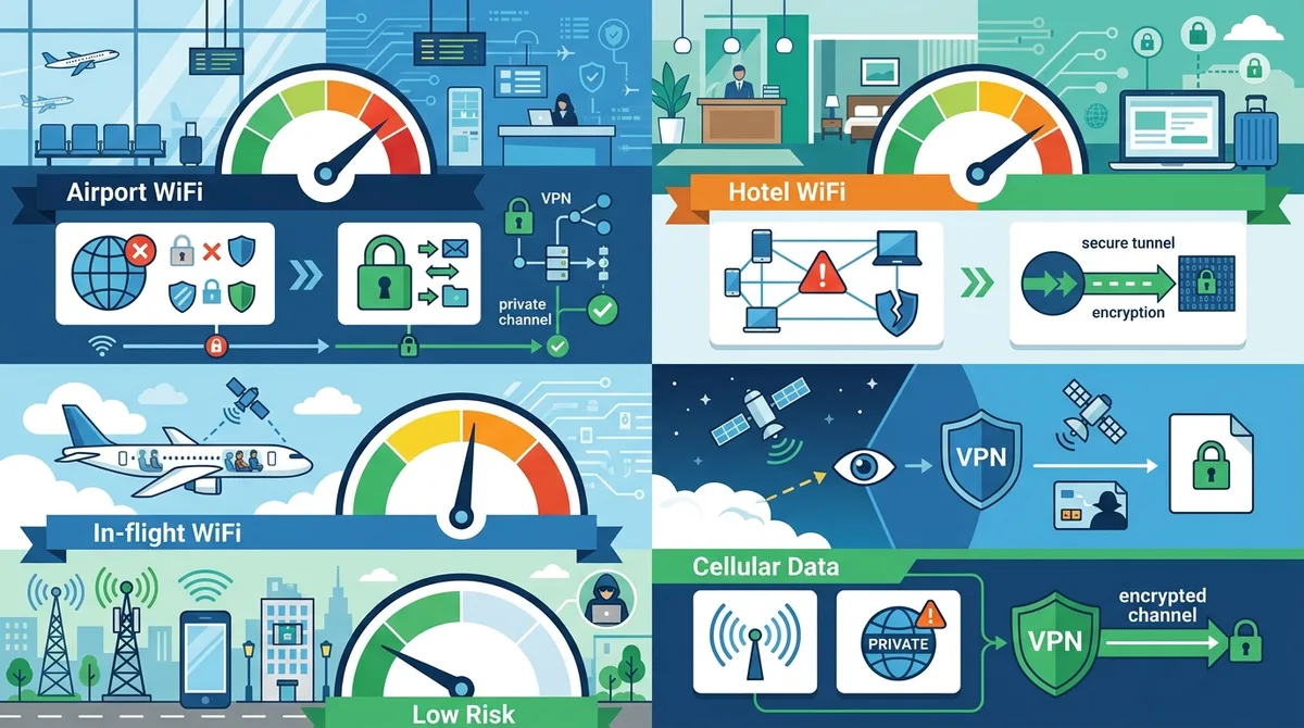 Infographic showing security threat levels across different travel networks (airport WiFi, hotel, in-flight, cellular) with recommended VPN configurations for each.