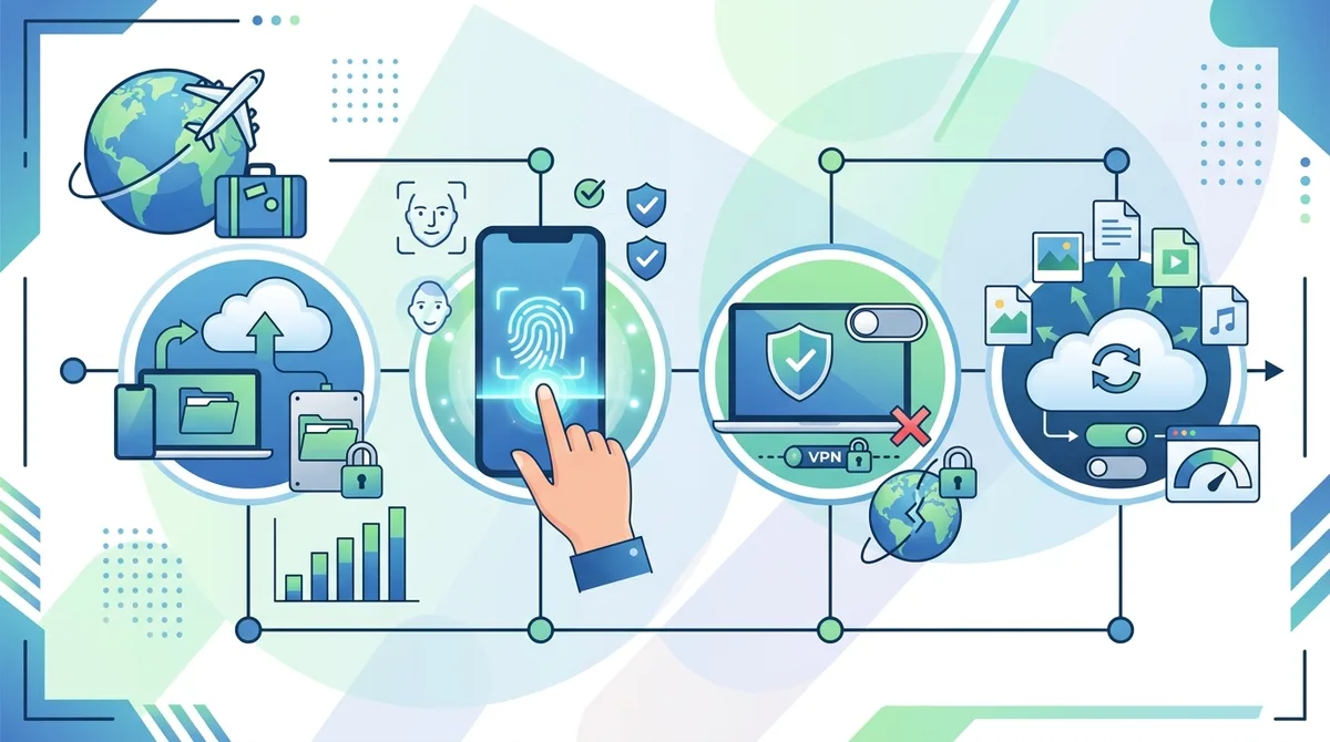 Infographic of a pre-travel device preparation checklist showing data backup, biometric lock setup, VPN disabling, and cloud sync management with timeline.