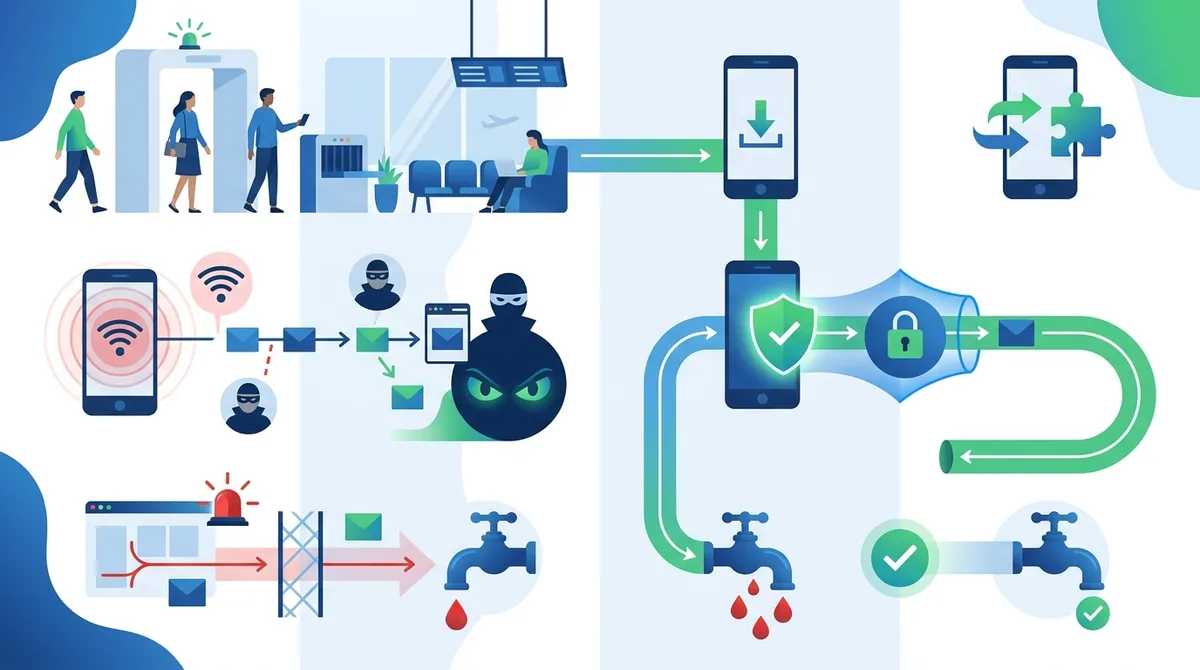 Infographic showing VPN reconnection workflow after airport security with steps for app installation, connection verification, and leak testing, comparing secure vs. unsecured public WiFi scenarios.