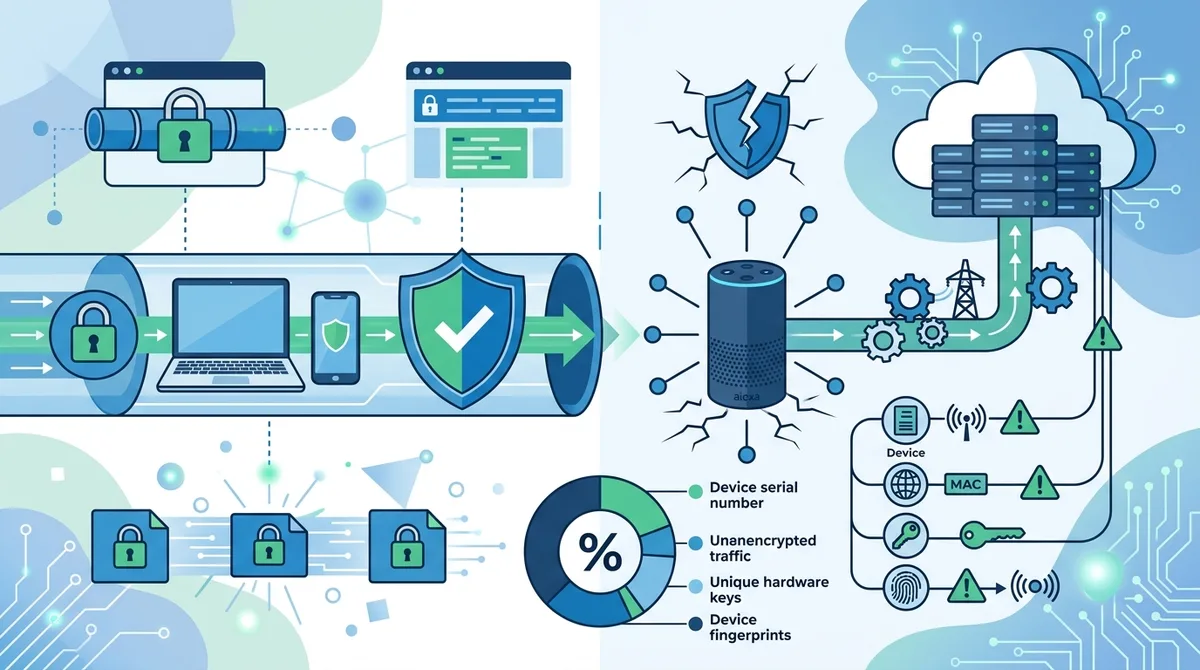 Infographic showing VPN protection gaps with Alexa: VPN encrypts laptop/phone traffic but Alexa uses direct AWS connections, device identifiers (MAC/serial), and hardware-level authentication that bypass VPN entirely. Shows percentage breakdown of data leakage sources.