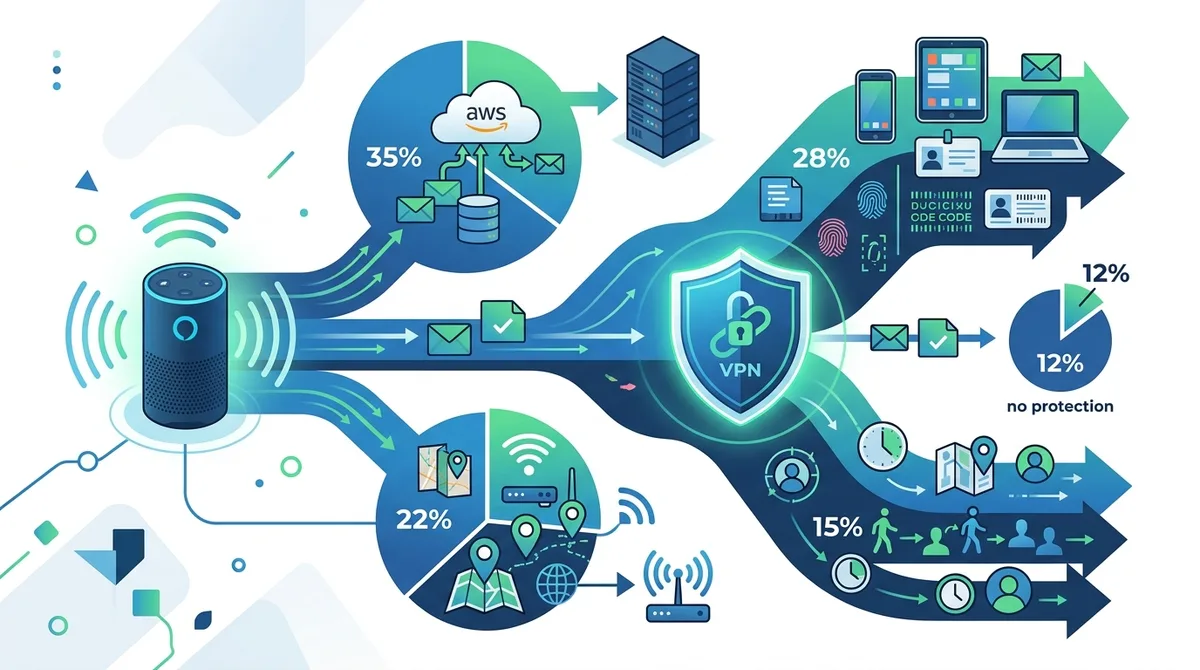 Infographic comparing data leak sources: 35% from direct AWS connections, 28% from device identifiers, 22% from WiFi geolocation, 15% from behavioral metadata. Shows VPN protection effectiveness at only 12% overall for Alexa privacy.