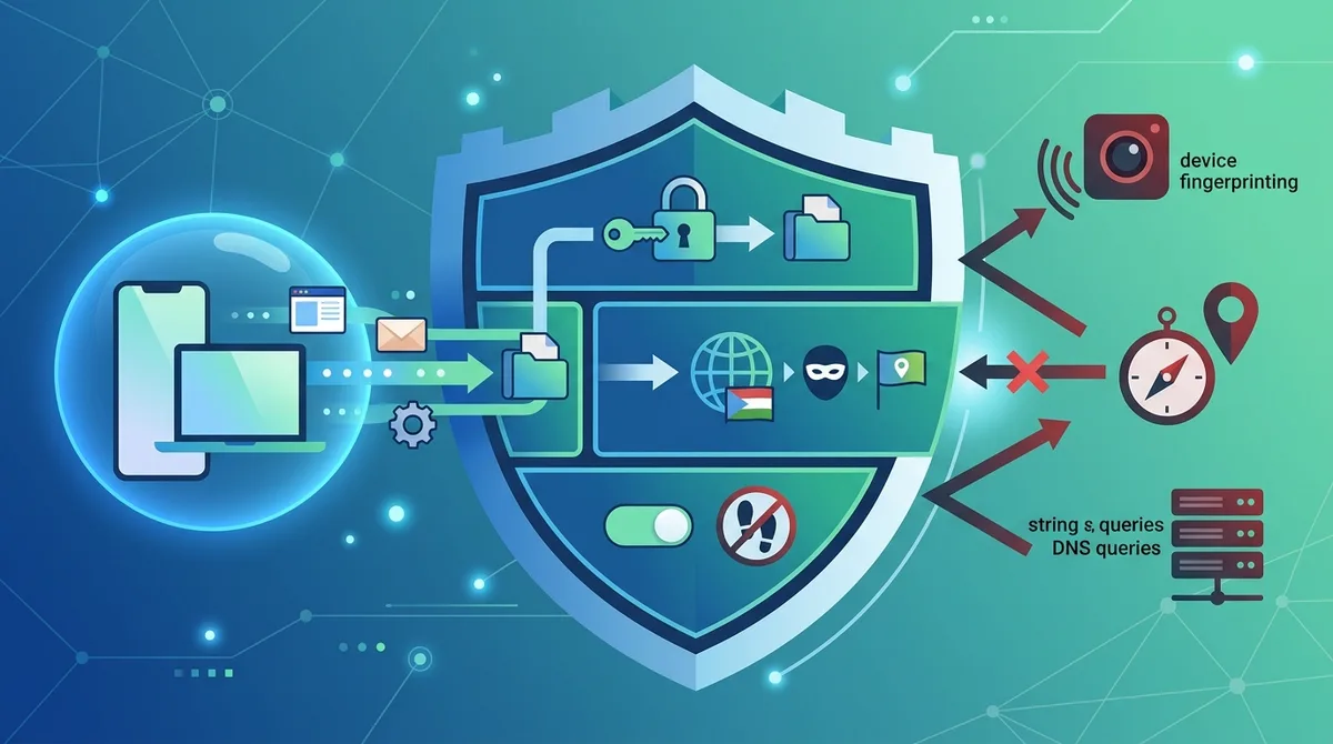Infographic of how VPN encryption and IP masking work together with App Tracking Transparency to block multiple tracking vectors including IP-based tracking, DNS queries, device fingerprinting attempts, and location inference.
