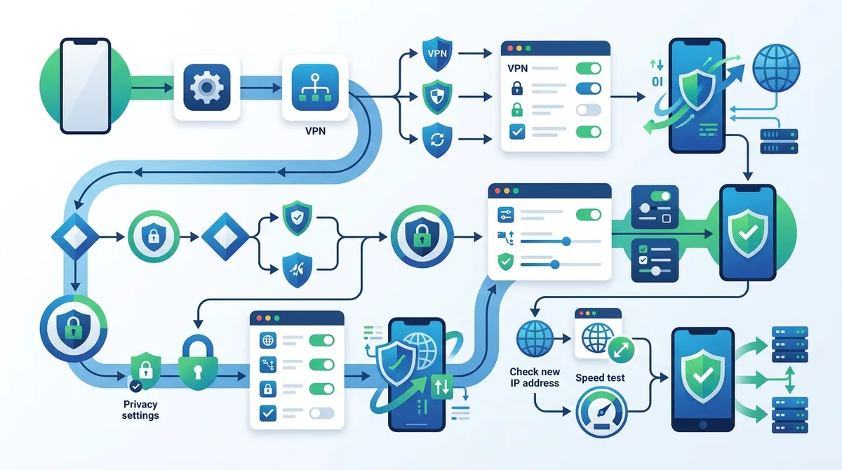 Infographic showing step-by-step iOS VPN setup process with configuration options, privacy settings checkpoints, and testing procedures displayed in a flowchart format with decision points.