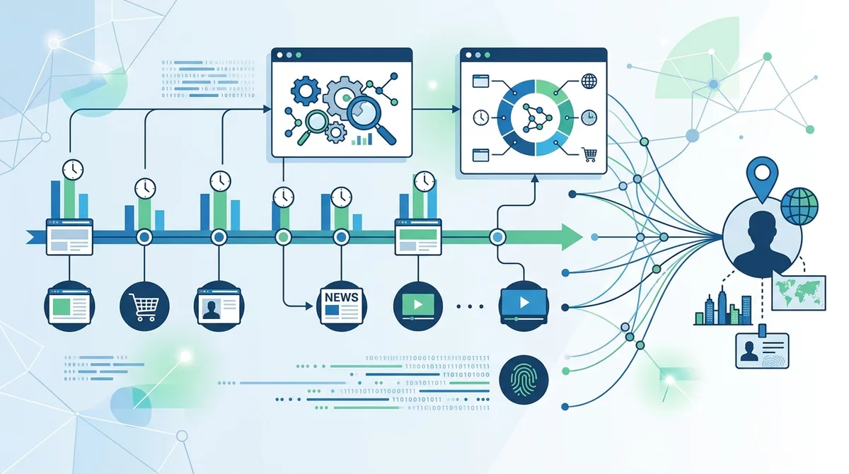 Infographic showing behavioral pattern analysis with timeline of website visits, timestamps, and how patterns correlate to reveal location and identity despite VPN usage.