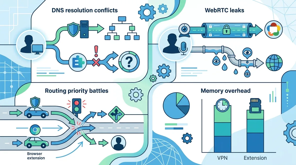Infographic of VPN and browser extension conflict points showing DNS resolution conflicts, WebRTC leaks, routing priority battles, and memory overhead percentages.
