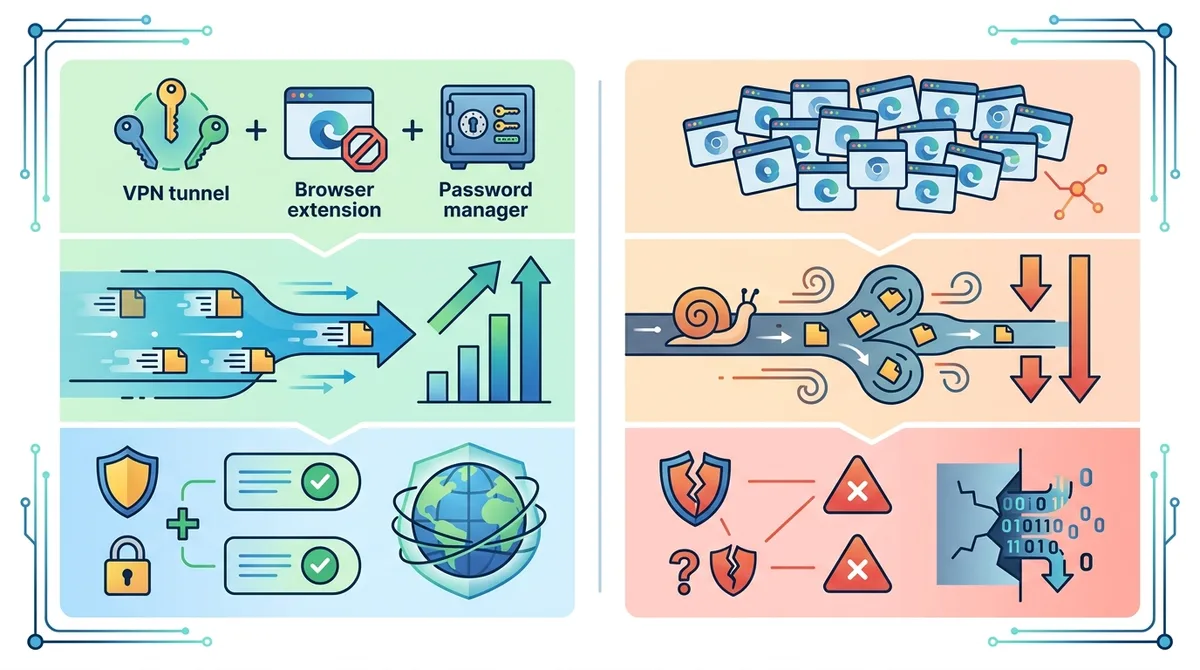 Infographic showing recommended minimal privacy stack (1 VPN + uBlock Origin + 1 password manager) versus bloated stack (7-9 extensions), with performance metrics, leak detection rates, and security outcomes.