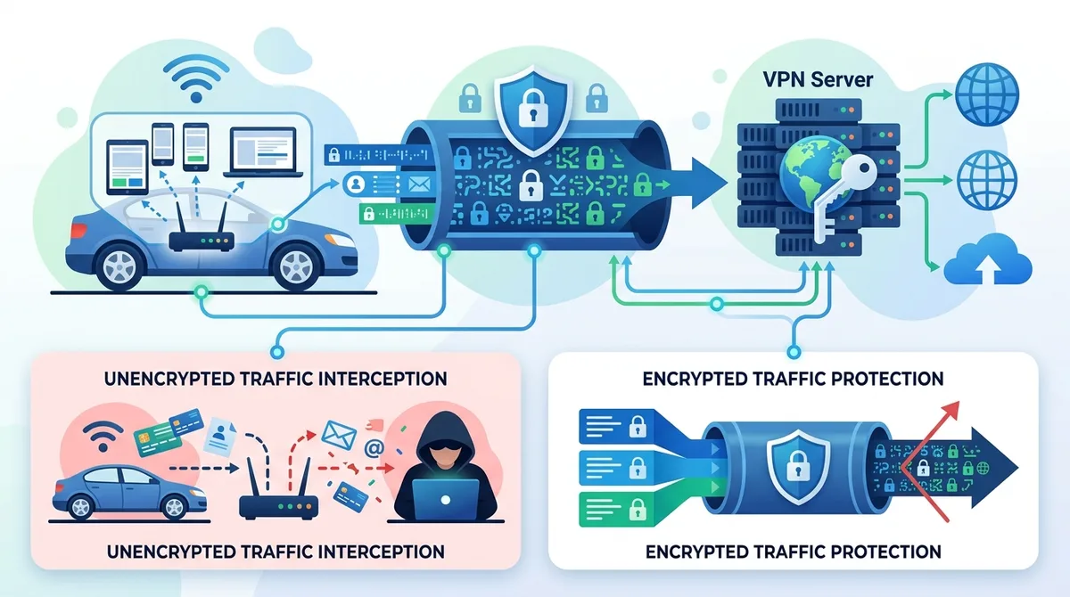 Infographic of VPN encryption protecting connected car WiFi showing data flow from device through encrypted tunnel to VPN server, with comparison of unencrypted vs encrypted traffic interception.