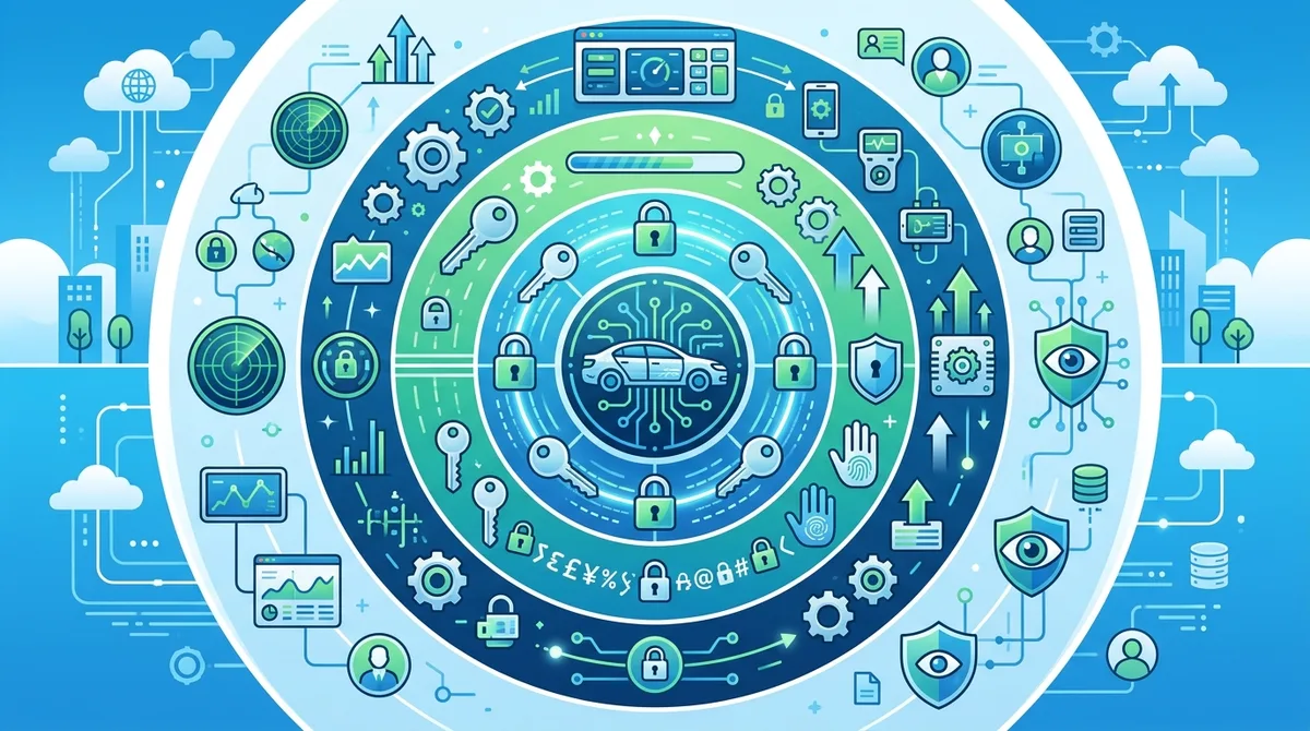 Infographic showing security layers for connected vehicles with VPN encryption, strong passwords, firmware updates, network monitoring, and device management arranged in concentric circles.