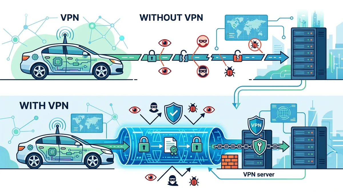 Infographic of VPN encryption process for connected vehicles showing data flow with and without VPN protection, including encryption standards and threat prevention.