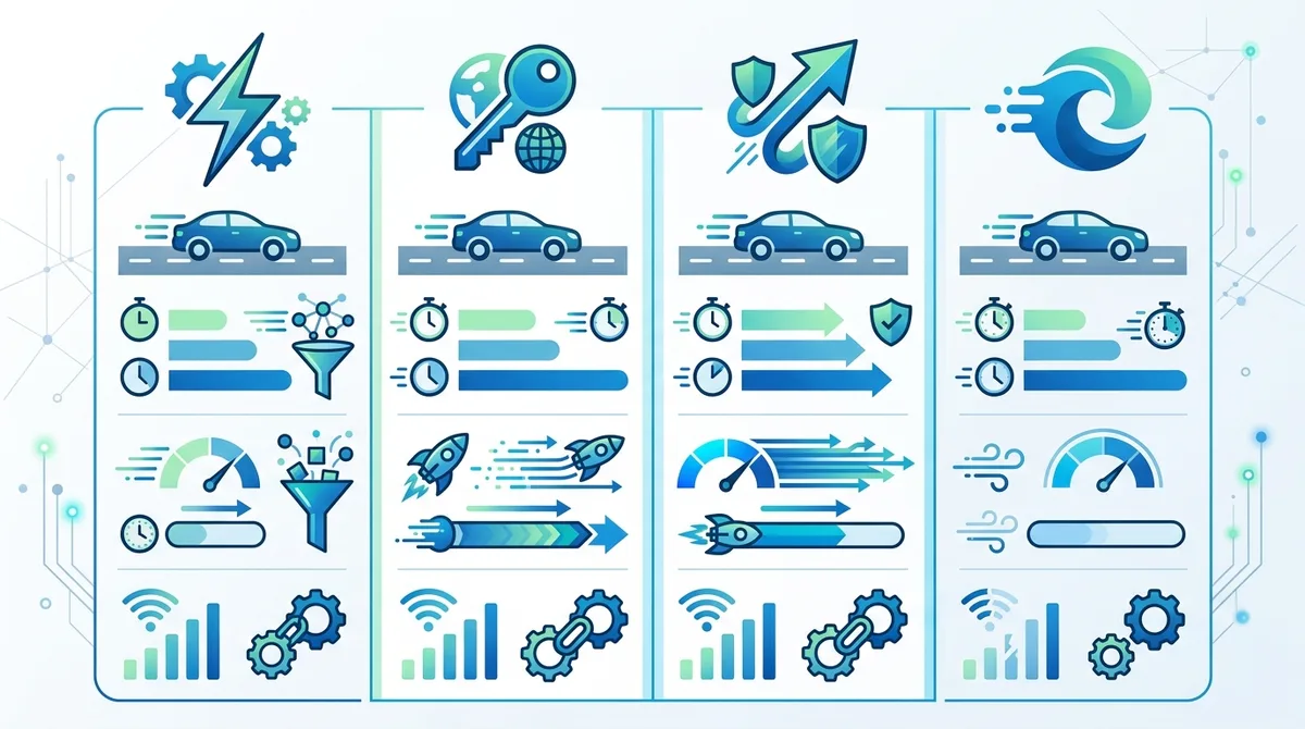 Infographic showing VPN performance comparison across different protocols (WireGuard, OpenVPN, IKEv2, Lightway) with latency and throughput metrics for vehicle use.