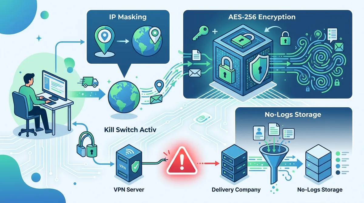 Infographic of how VPN encryption protects delivery data, showing IP masking, AES-256 encryption, kill switch activation, and no-logs storage with specific technical data points.