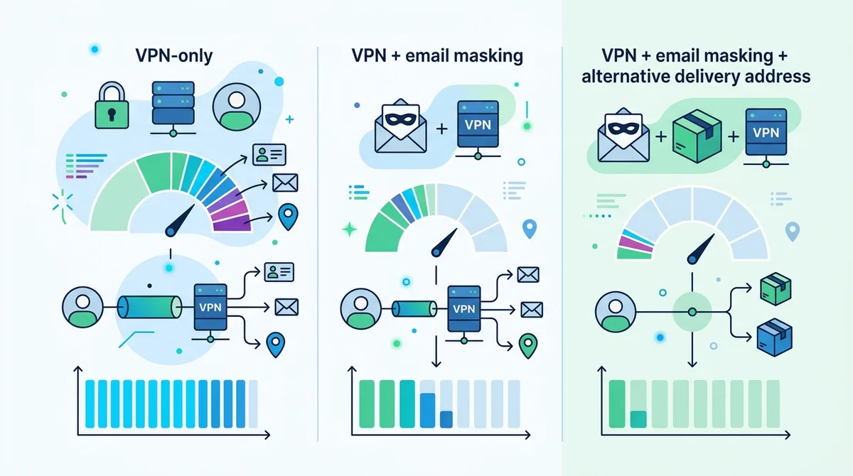 Infographic showing layered privacy strategy comparing VPN-only, VPN + email masking, and VPN + email masking + alternative delivery address with data exposure percentages.