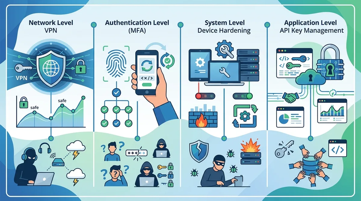 Infographic showing layered security model with VPN at network level, MFA at authentication level, device hardening at system level, and API key management at application level, with threat examples for each layer.