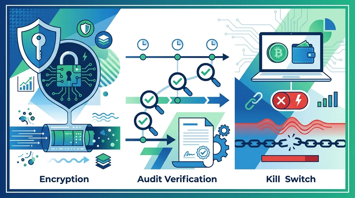 Infographic of VPN encryption standards, audit verification timelines, and kill switch response times for cryptocurrency wallet security.