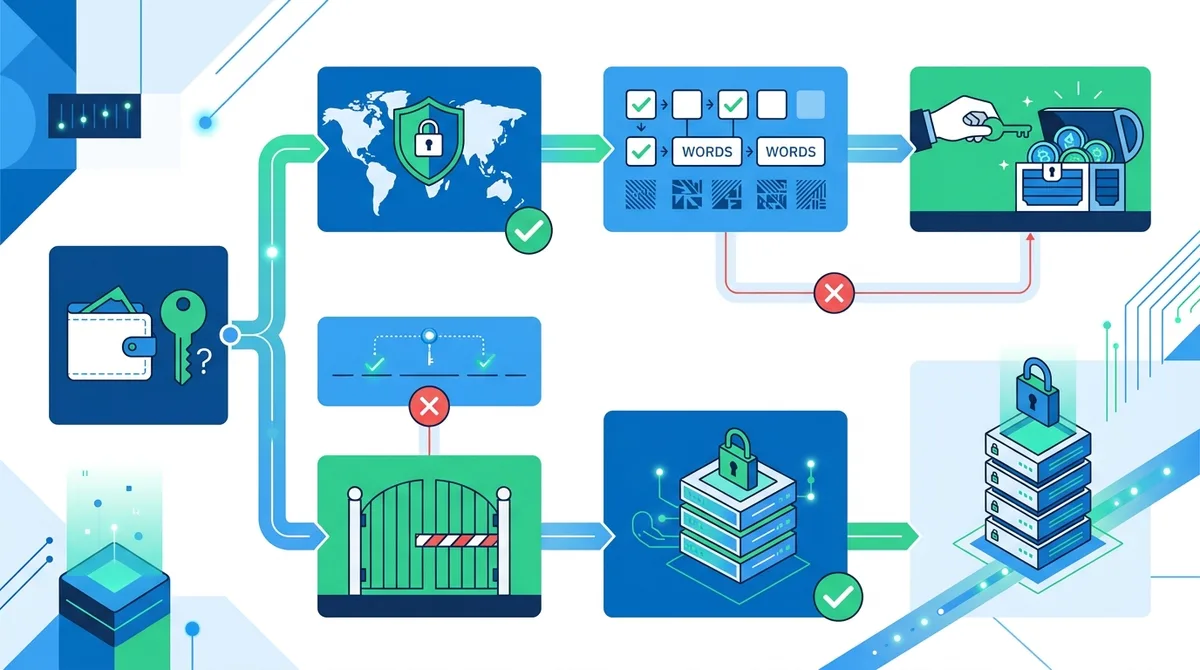Infographic showing cryptocurrency wallet recovery decision tree with VPN verification checkpoints, seed phrase validation steps, and fund security confirmation procedures.