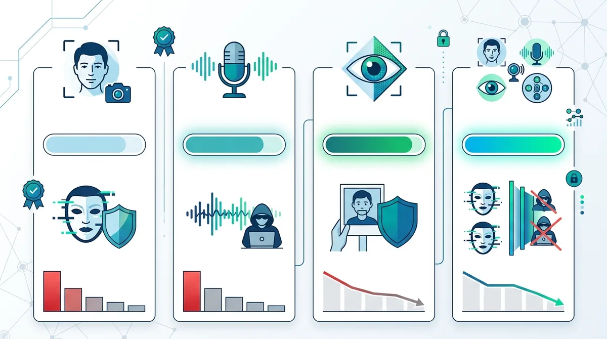 Infographic showing biometric verification comparison: facial recognition accuracy (94%), voice authentication accuracy (96%), liveness detection accuracy (98%), and multi-modal biometric accuracy (99.7%) against deepfake attack success rates.