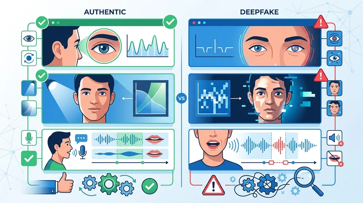 Infographic showing visual deepfake indicators with side-by-side comparison of authentic vs deepfake video characteristics including blinking patterns, eye movement, lighting, and audio-visual sync.