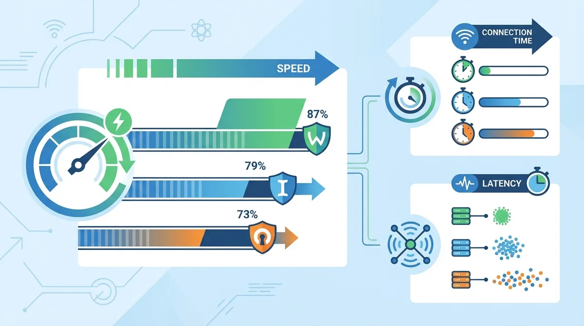 Infographic of VPN protocol speed comparison showing WireGuard at 87% baseline speed, OpenVPN at 73%, and IKEv2 at 79%, with connection times and latency metrics.