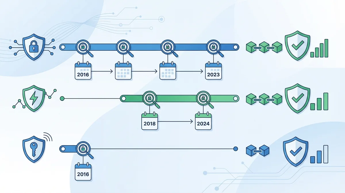 Infographic showing security audit timeline for VPN protocols: OpenVPN with 4 audits from 2016-2023, WireGuard with 2 audits from 2018-2024, and IKEv2 with 1 audit in 2016, displayed with cryptographic strength ratings.
