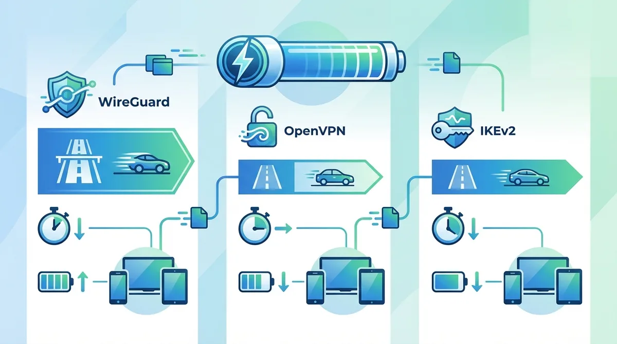 Infographic showing Speed Comparison: WireGuard 580 Mbps vs OpenVPN 420 Mbps vs IKEv2 450 Mbps on 1 Gbps connection, with latency and battery drain metrics across devices.
