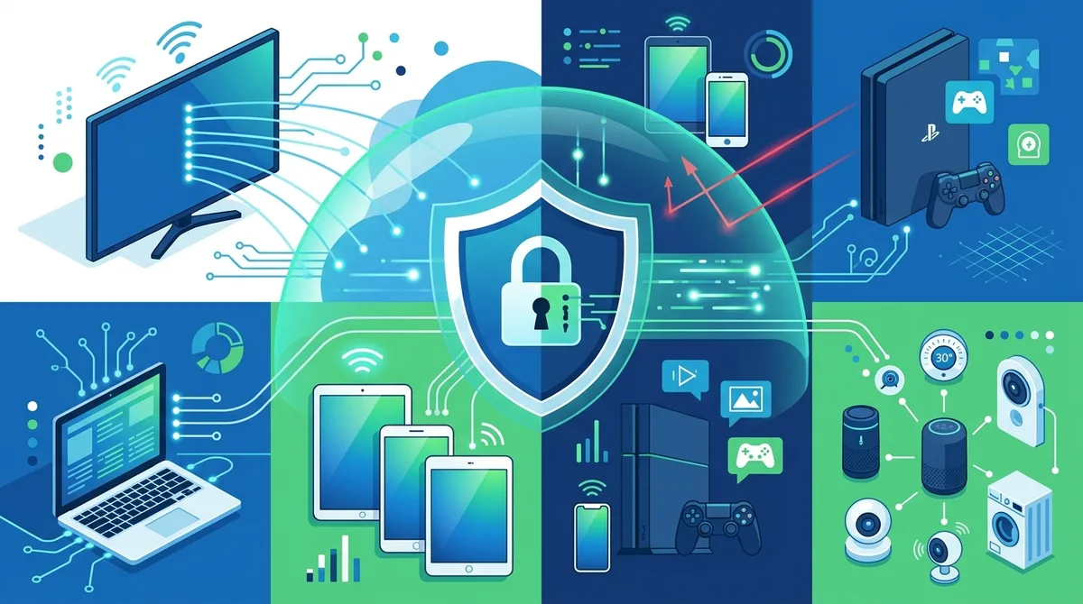 Infographic showing typical household device types, connection counts, and VPN protection coverage across smart TVs, laptops, tablets, phones, gaming consoles, and IoT devices.