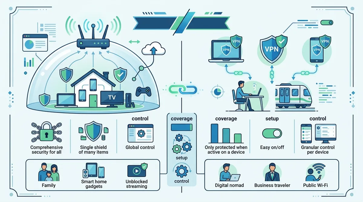 Infographic comparing router-level VPN vs device-level VPN apps, showing coverage, setup complexity, control options, and ideal use cases for each approach.