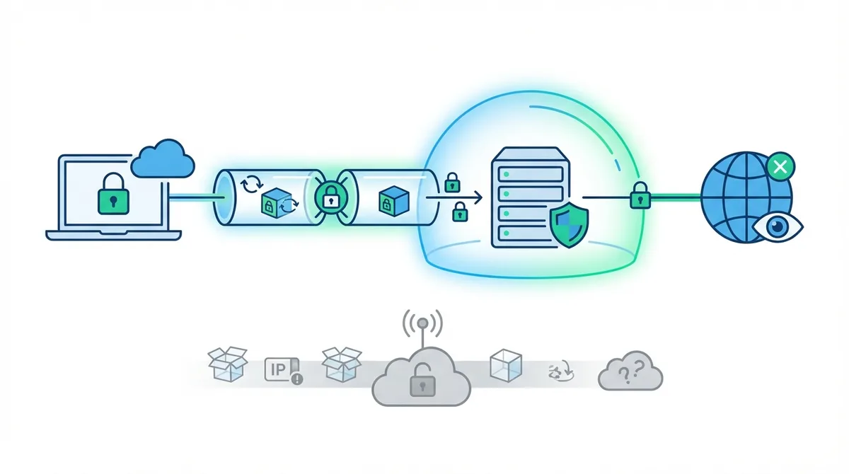 Infographic of VPN 加密 flow showing real IP hidden behind VPN服务器, 加密 tunnel between client and VPN, and encrypted data passing through ISP without visibility.