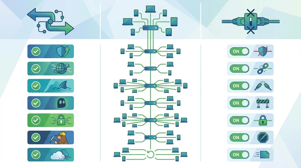 Infographic showing comparison of P2P支持, simultaneous connections, and 终止开关 features across NordVPN, ExpressVPN, Surfshark, CyberGhost, Private Internet Access, Mullvad, and IPVanish.