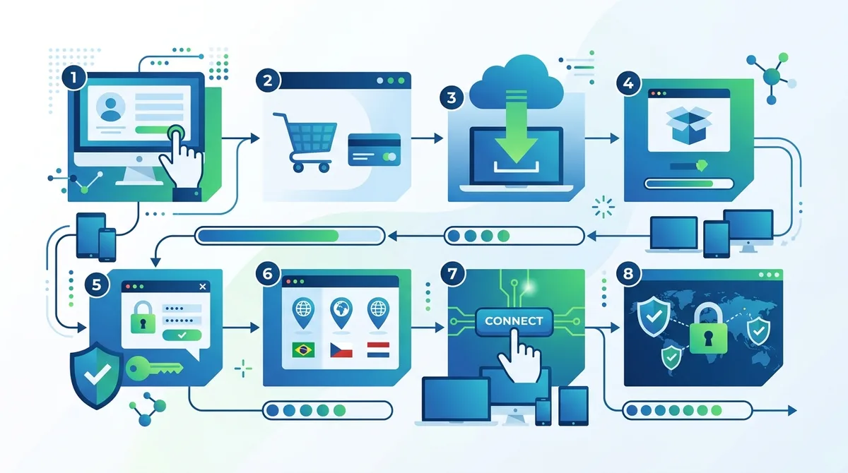 Infographic of VPN setup process showing 8 steps from account creation through connection verification with estimated time (5-10 minutes) and device compatibility icons.