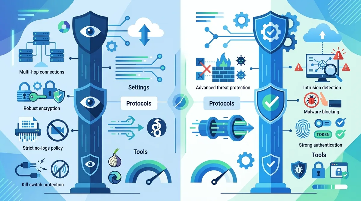 Infographic comparing privacy-focused vs security-focused VPN configurations, showing recommended settings, protocols, and additional tools for each approach with effectiveness ratings.