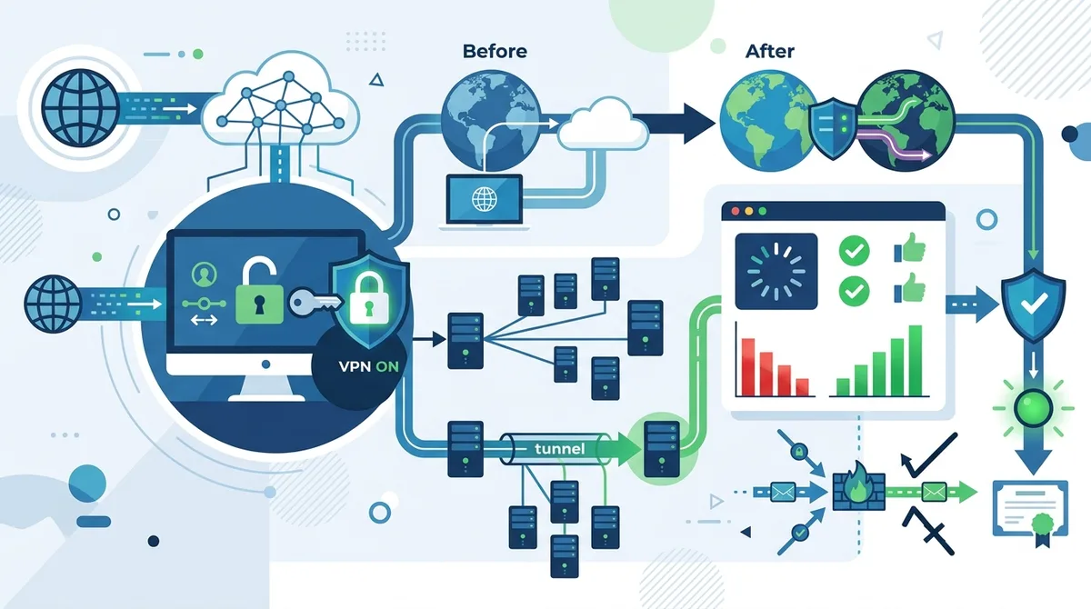 Infographic showing VPN leak testing process with visual representations of IP address changes, DNS routing verification, and security status indicators.