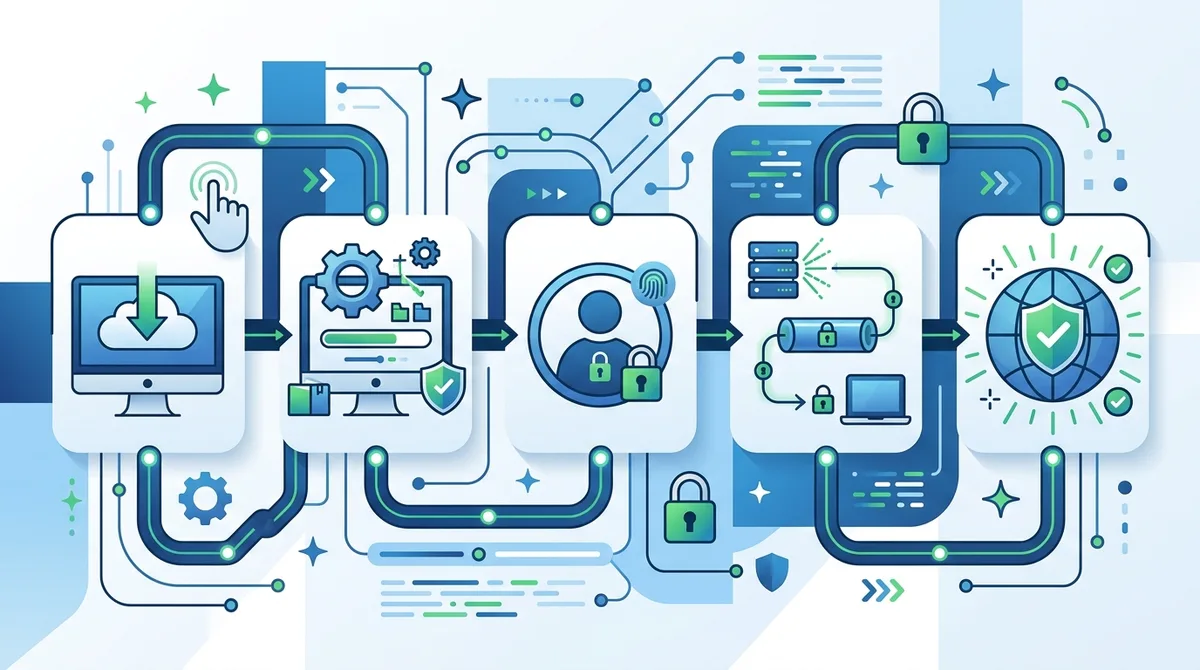 Infographic of VPN setup process showing 5 steps from download to connection verification with icons for each stage.