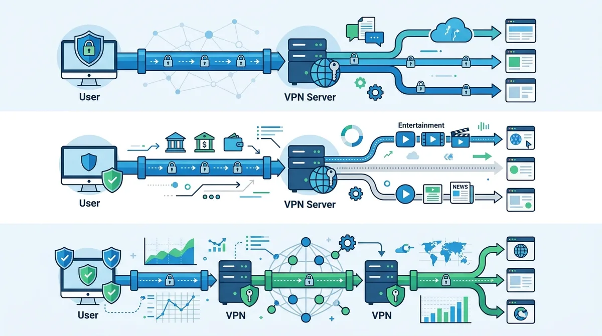 Infographic showing comparison of standard VPN connection, split tunneling configuration, and multi-hop chaining with visual representation of traffic routing through different pathways.