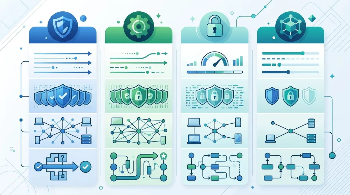 Infographic comparing VPN protocols (WireGuard, OpenVPN, IKEv2, IPSec) across speed, security, adoption, and ease of use metrics.