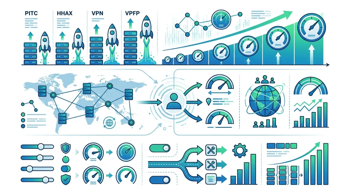 Infographic showing VPN speed optimization techniques including protocol comparison, server selection factors, and configuration settings with expected speed impact percentages.