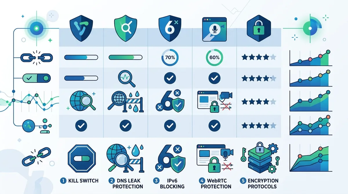 Infographic of VPN security features comparison showing kill switch, DNS leak protection, IPv6 blocking, WebRTC protection, and encryption protocols with 2026 adoption rates.