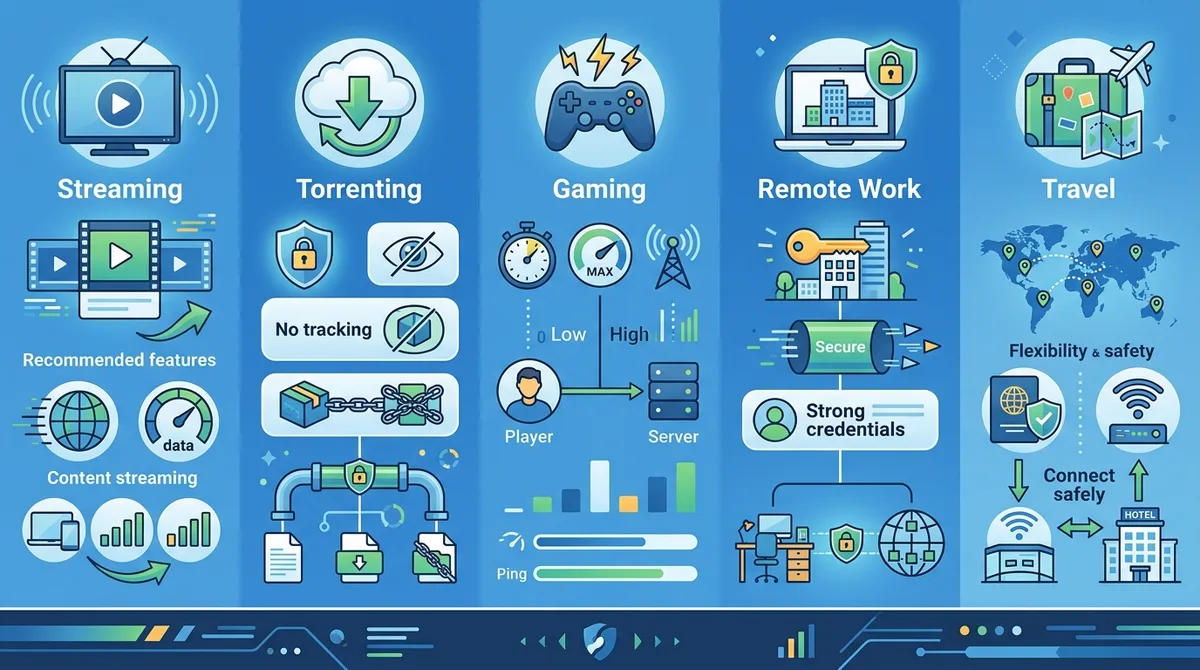Infographic showing VPN use case recommendations with optimal configurations for streaming, torrenting, gaming, remote work, and travel scenarios with feature requirements.