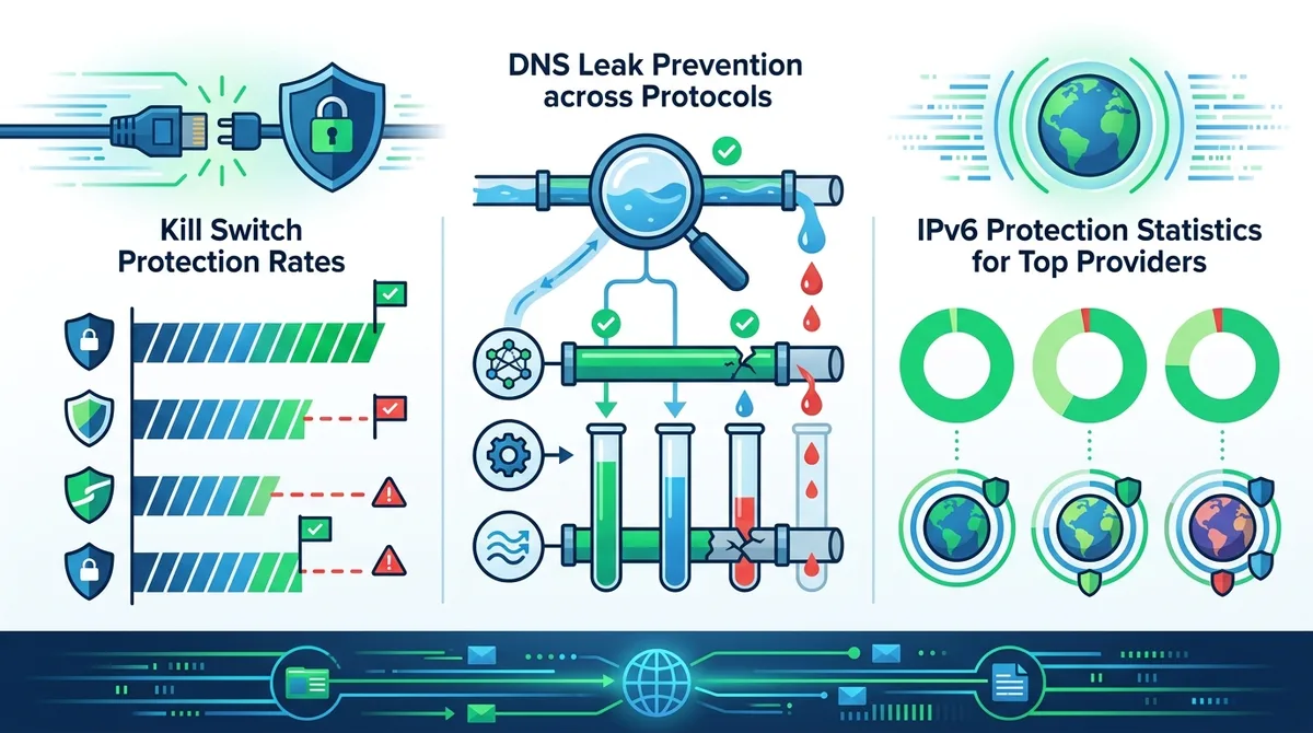 Infographic showing VPN security features comparison: Kill Switch protection rates, DNS leak prevention across protocols, and IPv6 protection statistics for top VPN providers.
