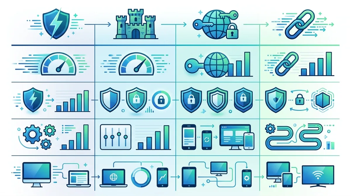 Infographic comparing VPN protocols (WireGuard, OpenVPN, IKEv2, L2TP/IPSec) across speed, security, ease of use, and device compatibility metrics.
