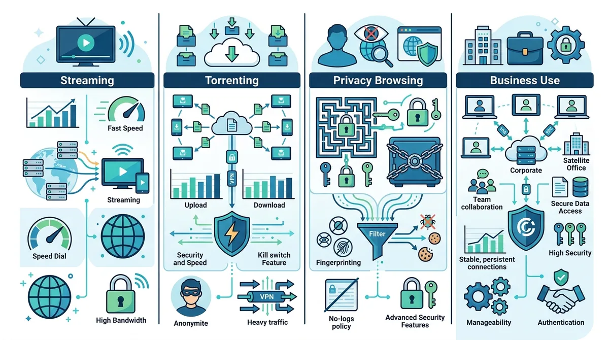 Infographic showing VPN use cases comparison: streaming, torrenting, privacy browsing, and business use, with recommended features and protocols for each.