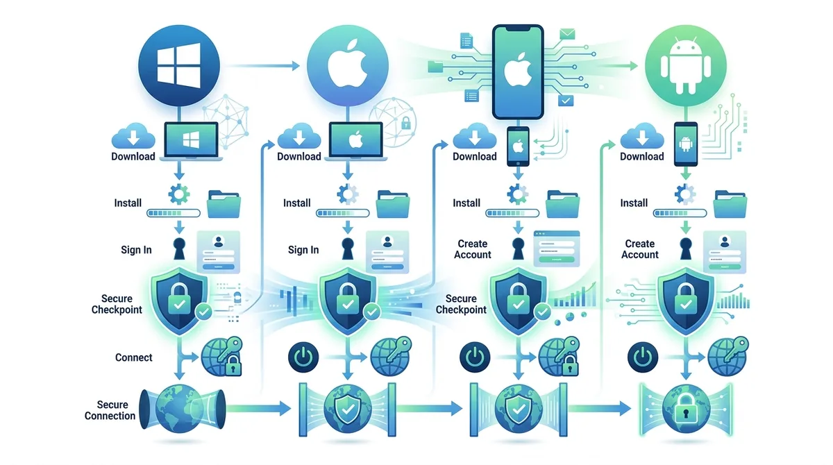 Infographic of VPN installation process showing step-by-step setup flow across Windows, macOS, iOS, and Android with security checkpoints highlighted.