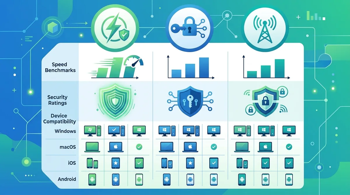 Infographic showing VPN protocol comparison including WireGuard, OpenVPN, and IKEv2 with speed benchmarks, security ratings, and device compatibility across Windows, macOS, iOS, and Android.